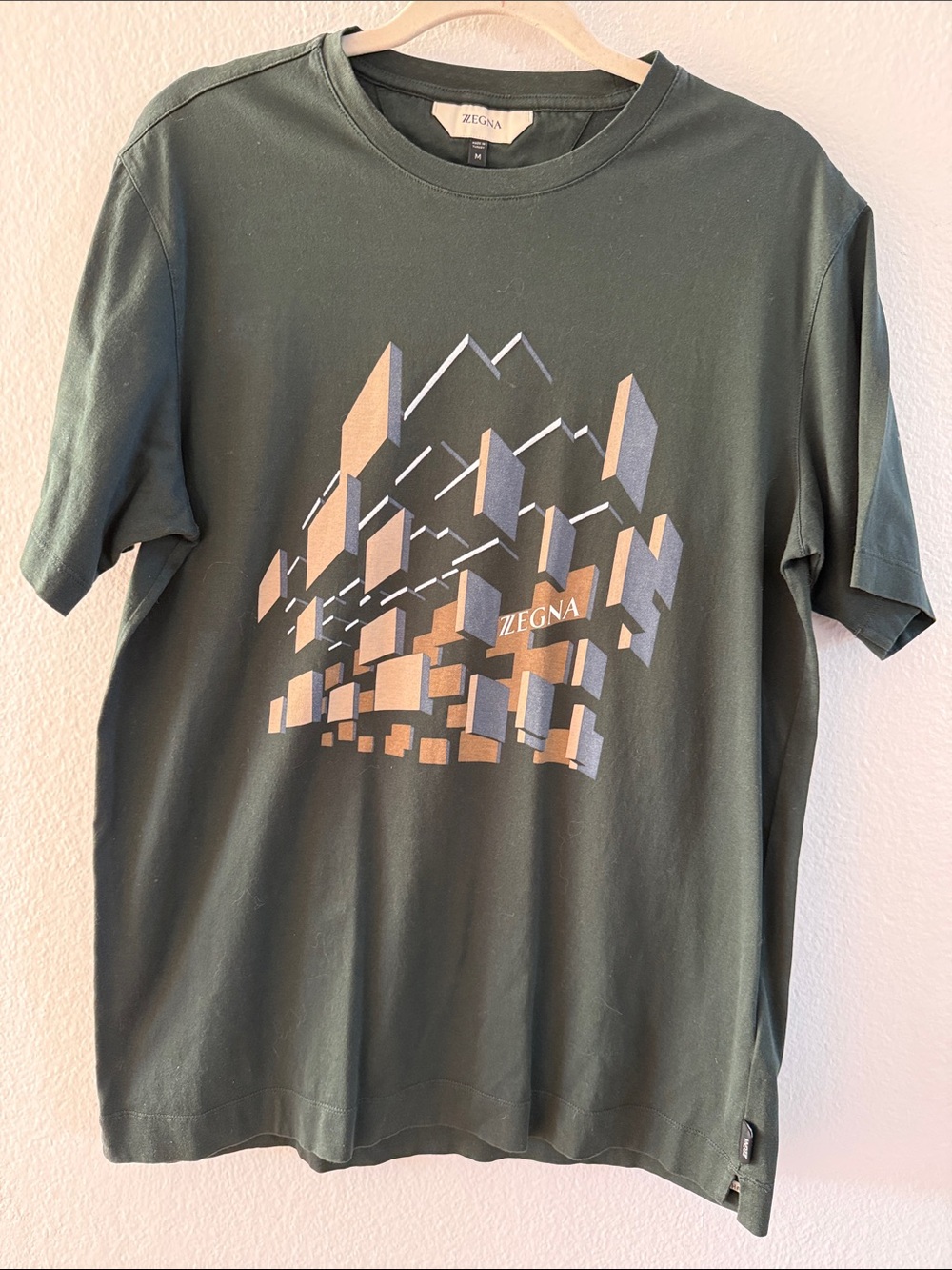 Zegna Green 3D Geometric Blocks Graphic Logo Crewneck T-Shirt M